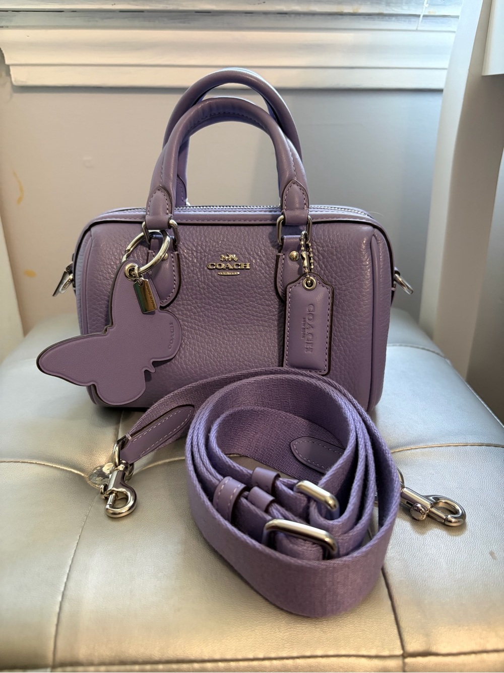 COACH Mini Rowan Pebbled Leather Satchel in Lilac purple new with key charm - Picture 2 of 8